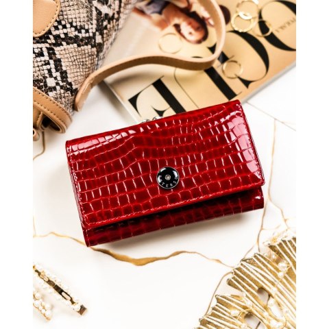 Czerwony portfel damski ze skóry naturalnej zamykany na zatrzask i bigiel - Peterson