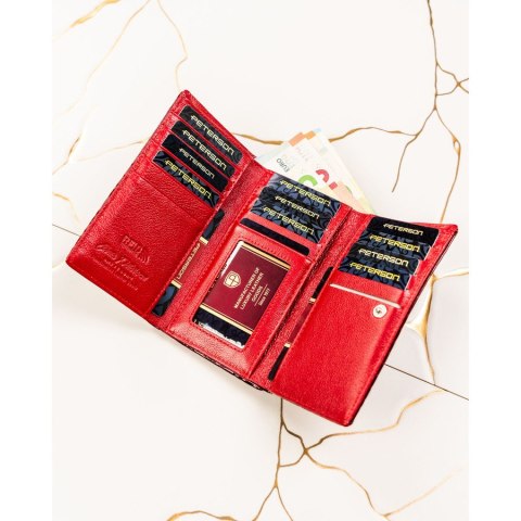 Czerwony portfel damski ze skóry naturalnej zamykany na zatrzask i bigiel - Peterson