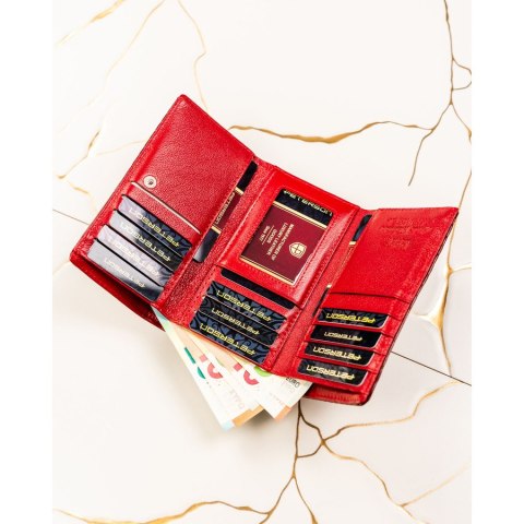 Czerwony portfel damski ze skóry naturalnej zamykany na zatrzask i bigiel - Peterson