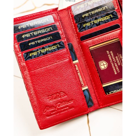 Czerwony portfel damski ze skóry naturalnej zamykany na zatrzask i bigiel - Peterson