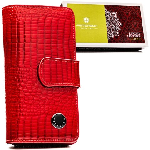 Duży, czerwony portfel damski ze skóry naturalnej zamykany na suwak i zatrzask - Peterson