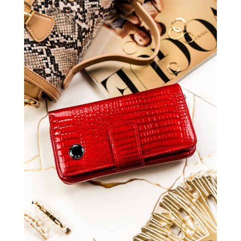 Duży, czerwony portfel damski ze skóry naturalnej zamykany na suwak i zatrzask - Peterson