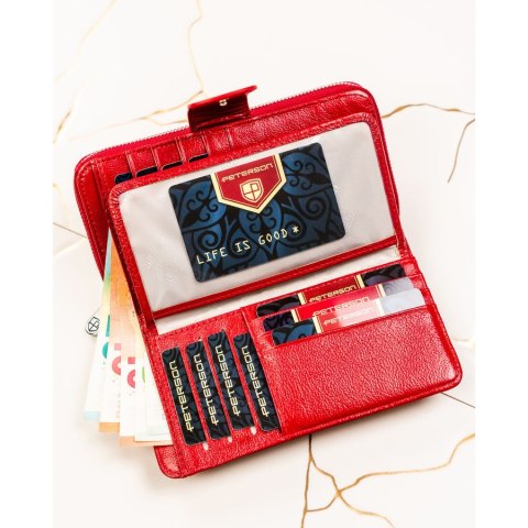 Duży, czerwony portfel damski ze skóry naturalnej zamykany na suwak i zatrzask - Peterson