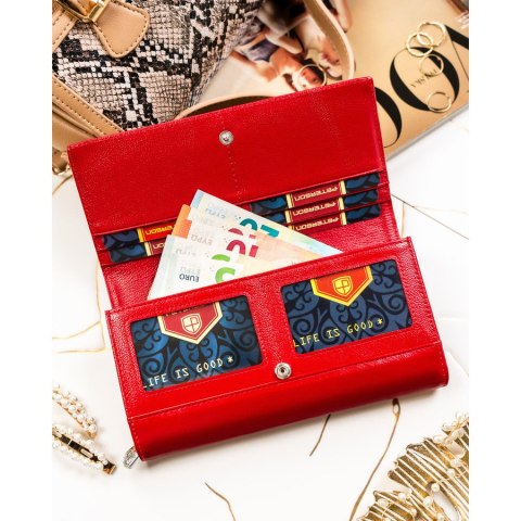 Duży portfel damski ze skóry naturalnej w czerwonym kolorze zamykany na zatrzask - Peterson