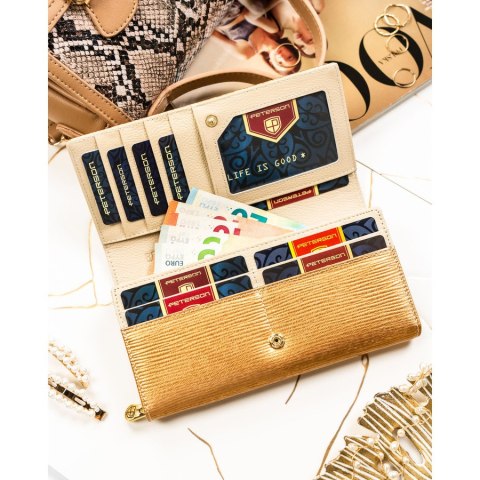 Duży, złoty portfel damski ze skóry naturalnej zamykany na zatrzask - Peterson