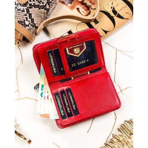 Pionowy, czerwony portfel damski ze skóry naturalnej zamykany na suwak i zatrzask - Peterson