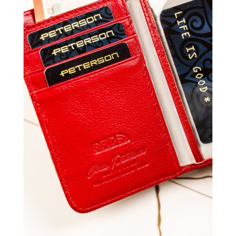 Pionowy, czerwony portfel damski ze skóry naturalnej zamykany na suwak i zatrzask - Peterson