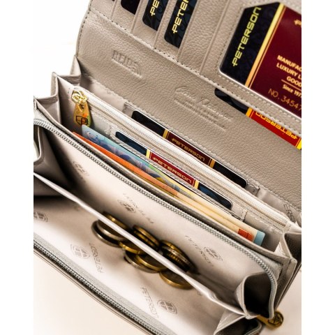 Portfel damski ze skóry naturalnej w brązowym kolorze, wyposażony w system RFID - Peterson