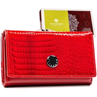 Portfel damski ze skóry naturalnej w czerwonym kolorze zamykany na zatrzask i bigiel - Peterson