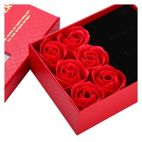 Pudełeczko na biżuterie z 6 szt. zapachowych róż mydlanych, czerwone na prezent BUK28CZE