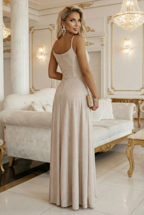 299-20 CHIARA Sukienka maxi na ramiączkach z kopertowym dekoltem i rozcięciem na nodze - szampański beż z brokatem - M