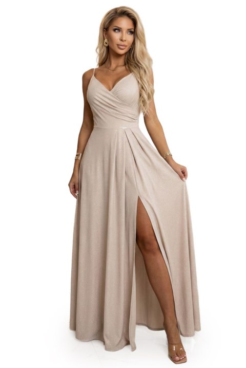 299-20 CHIARA Sukienka maxi na ramiączkach z kopertowym dekoltem i rozcięciem na nodze - szampański beż z brokatem - M