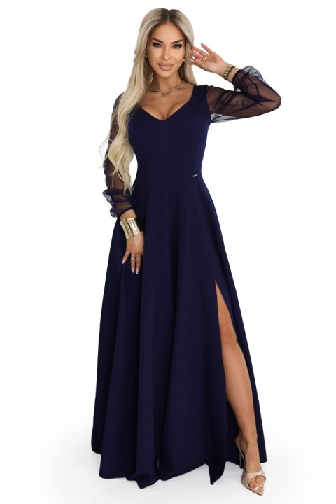 640-3 LORETTA wyjątkowa długa sukienka z tiulowymi rękawami i dekoltem - granatowa - L
