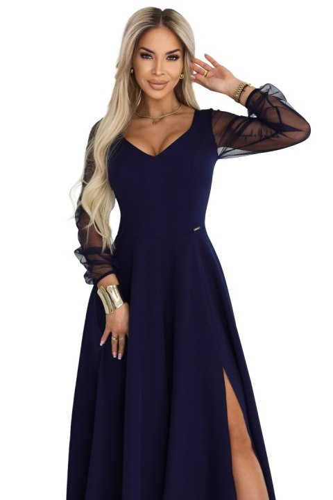 640-3 LORETTA wyjątkowa długa sukienka z tiulowymi rękawami i dekoltem - granatowa - L