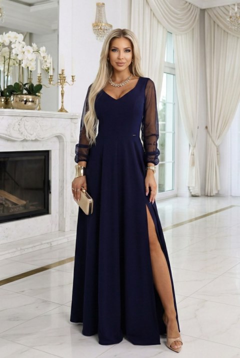 640-3 LORETTA wyjątkowa długa sukienka z tiulowymi rękawami i dekoltem - granatowa - M