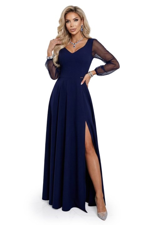640-3 LORETTA wyjątkowa długa sukienka z tiulowymi rękawami i dekoltem - granatowa - M