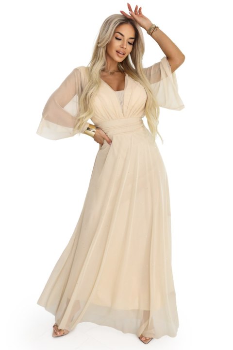 654-2 Długa połyskująca sukienka plus size z dekoltem i transparentnym rękawkiem - szampański beż - UNI