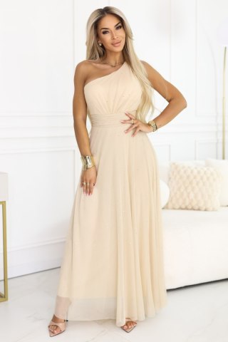656-2 Długa błyszcząca suknia wieczorowa na jedno ramię - szampański beż - UNI