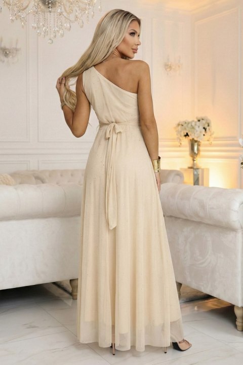 656-2 Długa błyszcząca suknia wieczorowa na jedno ramię - szampański beż - UNI