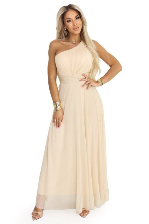 656-2 Długa błyszcząca suknia wieczorowa na jedno ramię - szampański beż - UNI
