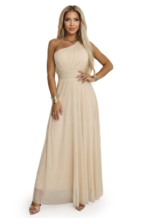 656-2 Długa błyszcząca suknia wieczorowa na jedno ramię - szampański beż - UNI