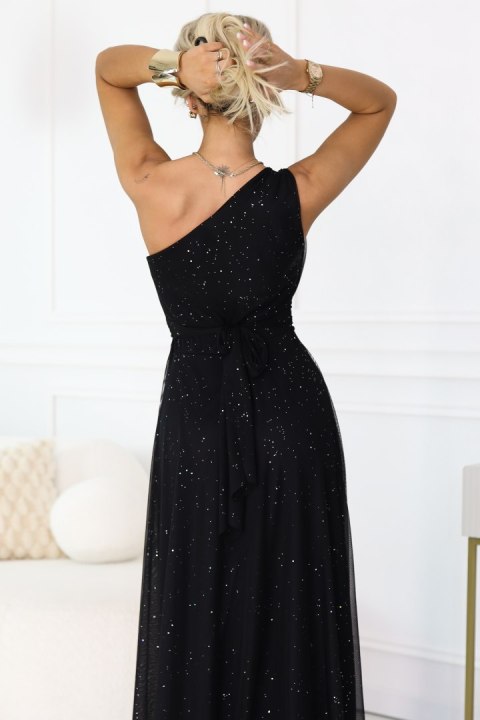 656-3 Długa błyszcząca suknia wieczorowa na jedno ramię - klasyczna czerń - UNI