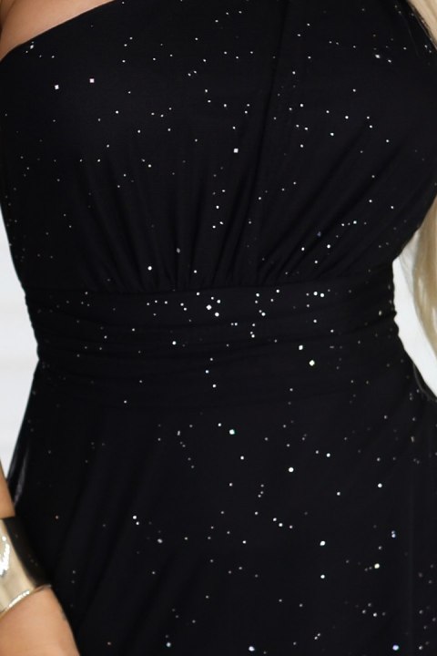 656-3 Długa błyszcząca suknia wieczorowa na jedno ramię - klasyczna czerń - UNI