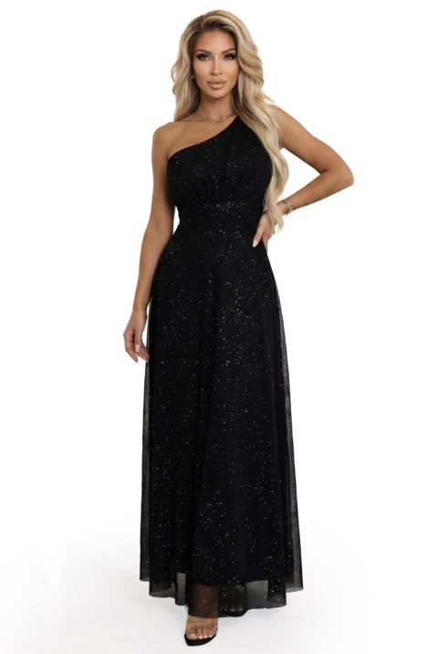 656-3 Długa błyszcząca suknia wieczorowa na jedno ramię - klasyczna czerń - UNI