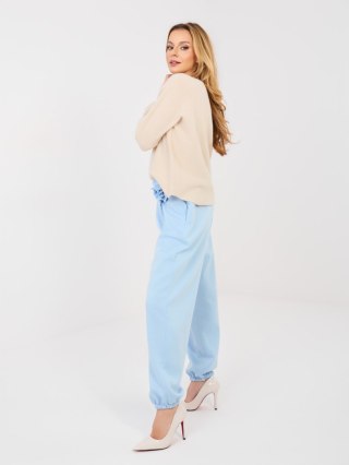 Pastelowe niebieskie dresowe spodnie damskie ze ściągaczami z broszką ITALY MODA