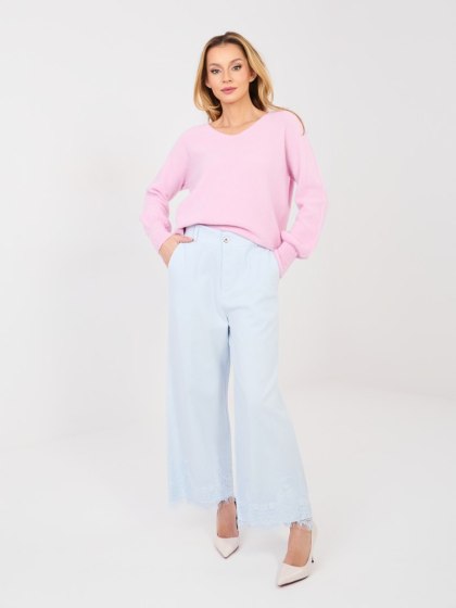 Jasnoniebieskie jeansy damskie wide leg z kieszeniami i koronką RUE PARIS