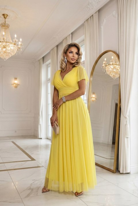 562-8 NASTIA Długa sukienka z dekoltem, wiązaniem i krótkim rękawkiem - cytrynowe limoncello - UNI