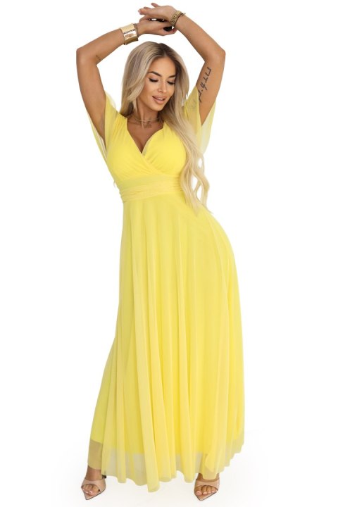 562-8 NASTIA Długa sukienka z dekoltem, wiązaniem i krótkim rękawkiem - cytrynowe limoncello - UNI