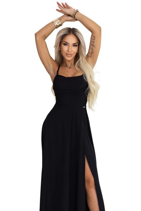 589-5 Sukienka maxi na ramiączkach z gorsetowym wiązaniem na plecach i rozcięciem - czarna - XL