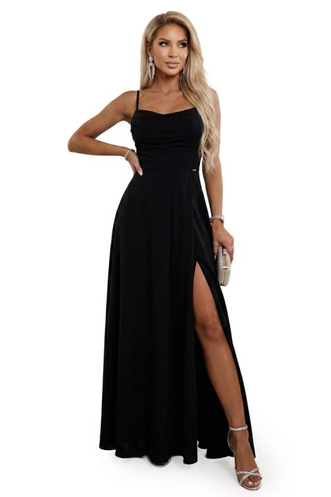 589-5 Sukienka maxi na ramiączkach z gorsetowym wiązaniem na plecach i rozcięciem - czarna - M