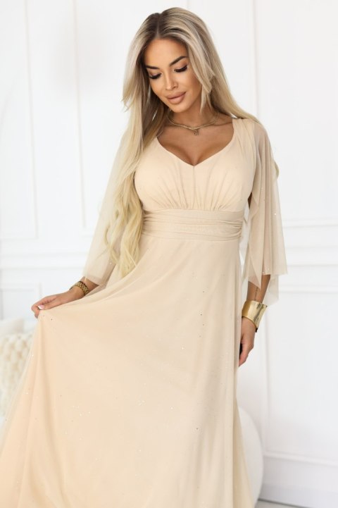 655-4 Długa połyskująca w świetle suknia z dekoltem i transparentnym rękawkiem - szampański beż - UNI