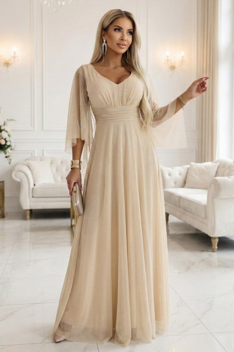 655-4 Długa połyskująca w świetle suknia z dekoltem i transparentnym rękawkiem - szampański beż - UNI