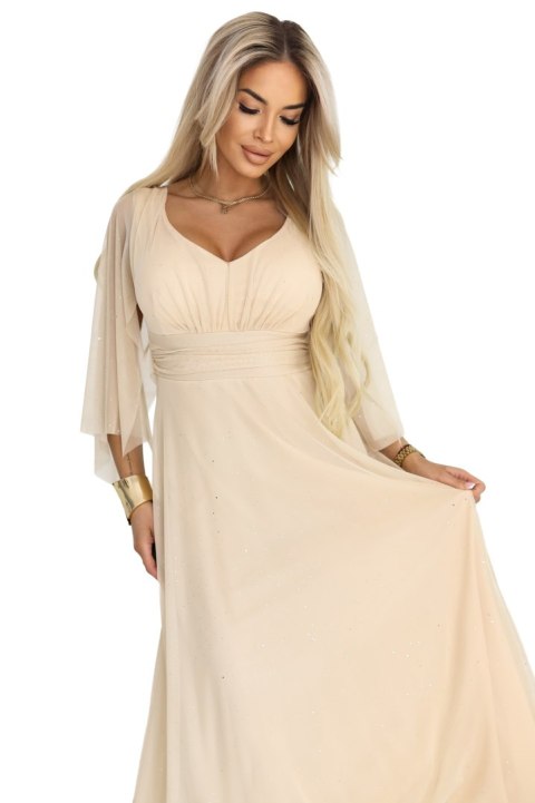 655-4 Długa połyskująca w świetle suknia z dekoltem i transparentnym rękawkiem - szampański beż - UNI