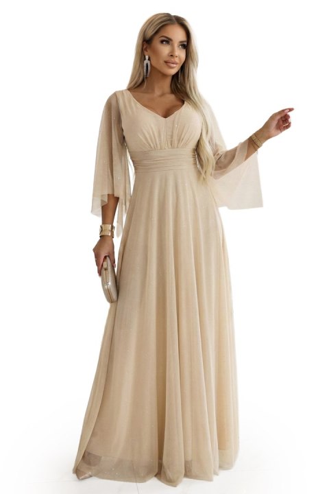 655-4 Długa połyskująca w świetle suknia z dekoltem i transparentnym rękawkiem - szampański beż - UNI
