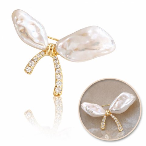 Broszka ozdobna - kokarda perły z cyrkoniami BZ213