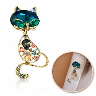 Broszka ozdobna kryształki niebieski i zielony KOTEK BZ173