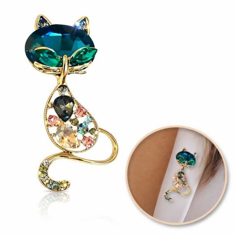 Broszka ozdobna kryształki niebieski i zielony KOTEK BZ173