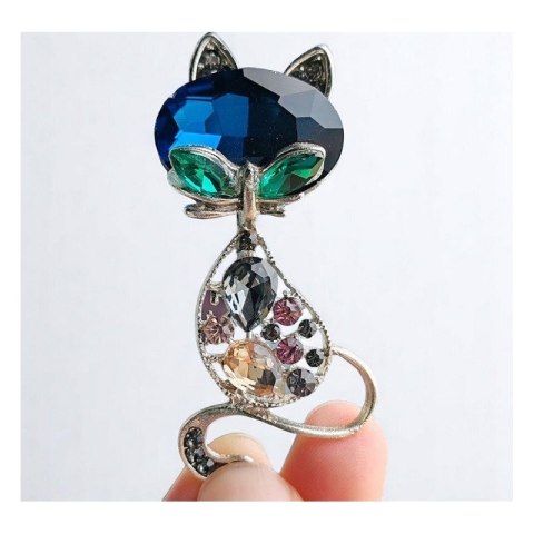Broszka ozdobna kryształki niebieski i zielony KOTEK BZ173
