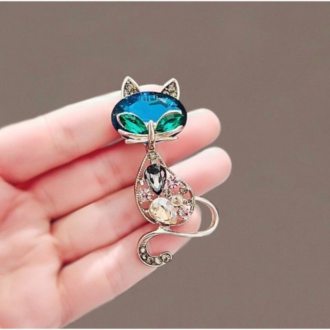 Broszka ozdobna kryształki niebieski i zielony KOTEK BZ173