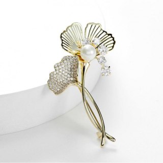 Broszka ozdobna - miłorząb z cyrkoniami i perłą BZ215