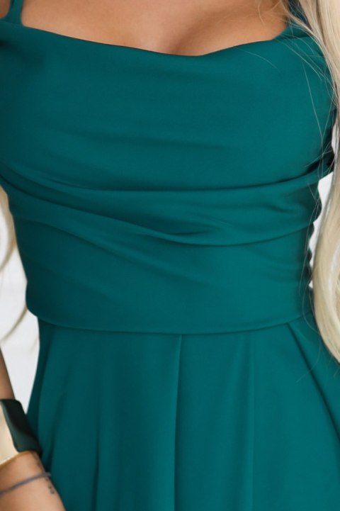 589-6 Sukienka maxi na ramiączkach z gorsetowym wiązaniem na plecach i rozcięciem - zieleń butelkowa - M