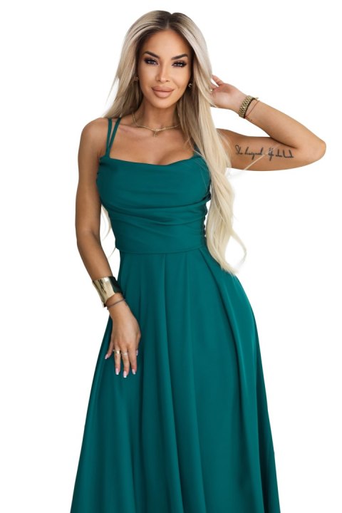 589-6 Sukienka maxi na ramiączkach z gorsetowym wiązaniem na plecach i rozcięciem - zieleń butelkowa - M