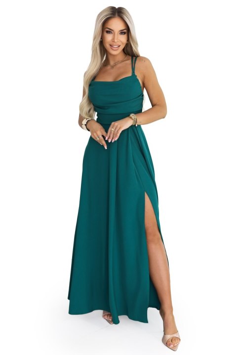 589-6 Sukienka maxi na ramiączkach z gorsetowym wiązaniem na plecach i rozcięciem - zieleń butelkowa - XS