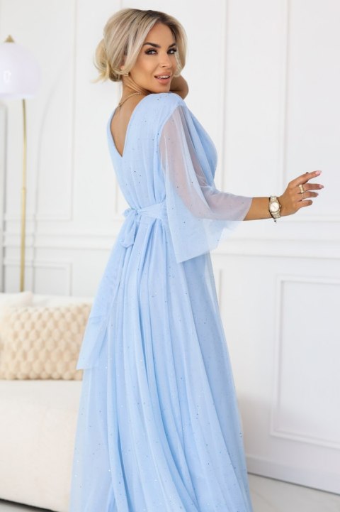 654-3 Długa połyskująca sukienka plus size z dekoltem i transparentnym rękawkiem - błękitna - UNI