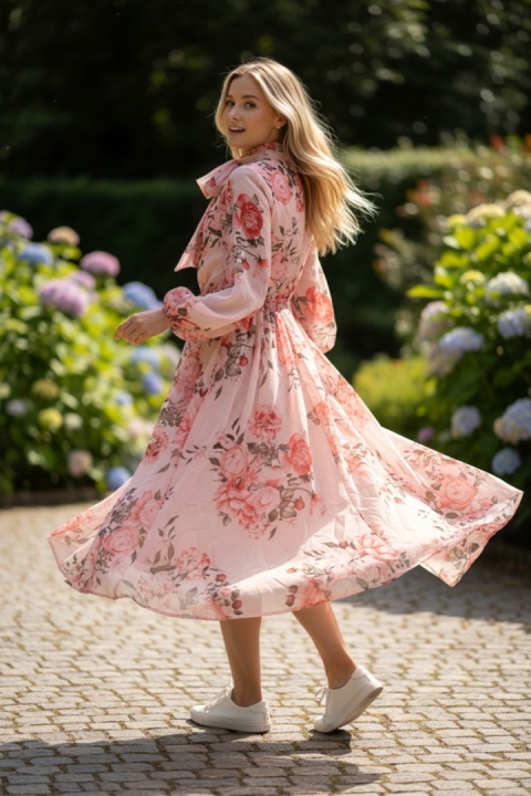 Elegancka sukienka w kwiaty midi różowa – stylizacja wizytowa na wesele i komunię, kobieta na spacerze po mieście