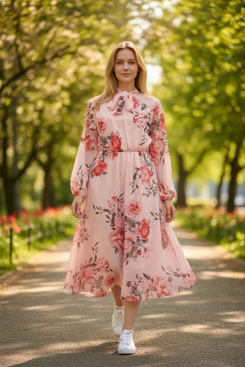 Sukienka damska szyfonowa w kwiaty midi różowa elegancka – rozmiar uniwersalny S-XL